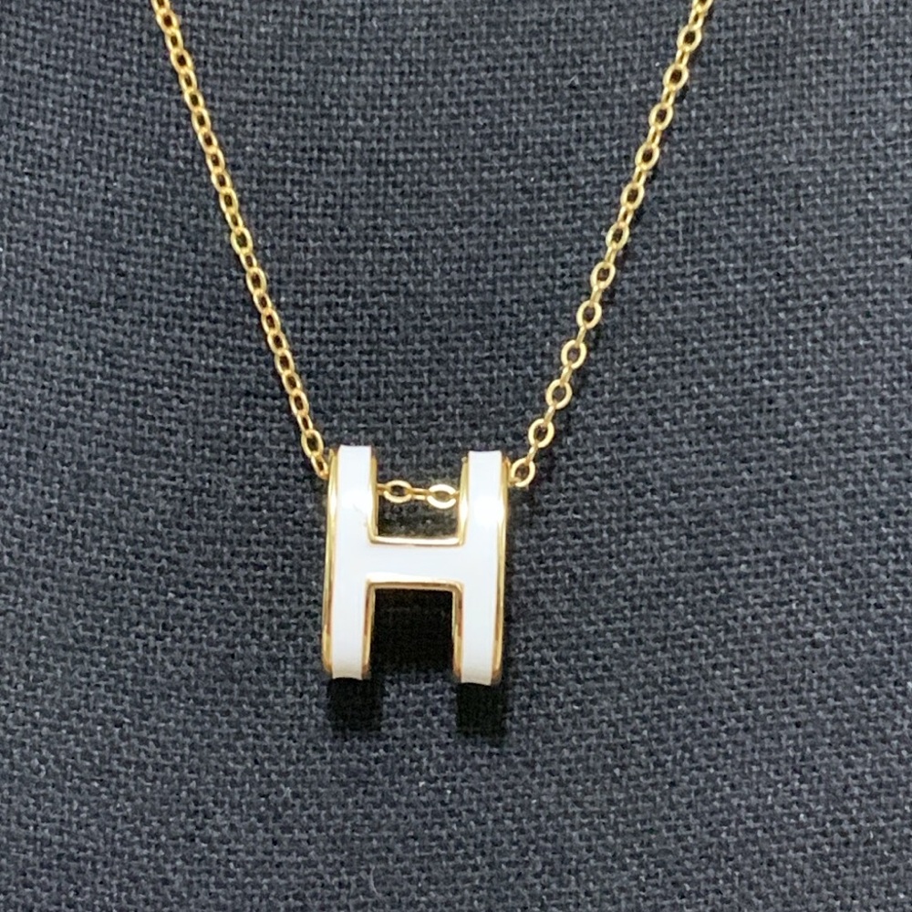 Mini Pop "H" Necklace Gold Tone 925 Stamped Chain w/ S925 White Enamel H Pendant - Picture 4 of 8
